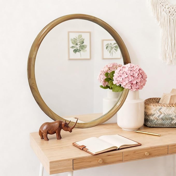 27.56" Round Wood Framed Wall Mirror, Natural Wooden Circle Mirror for Bathroom Entryway Living Room, Mid-Century Modern Decorative Mirror