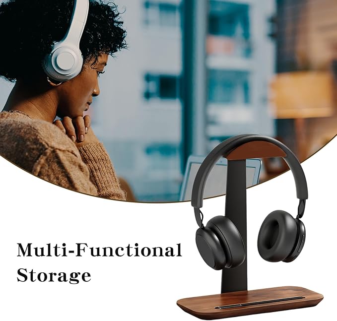 ZHIYUEJING Walnut Wood Headphone Stand,Headphone Rack with Storage Base Plate,Headphones Holder for Study Rooms,Gaming Spaces,Desktop,Office