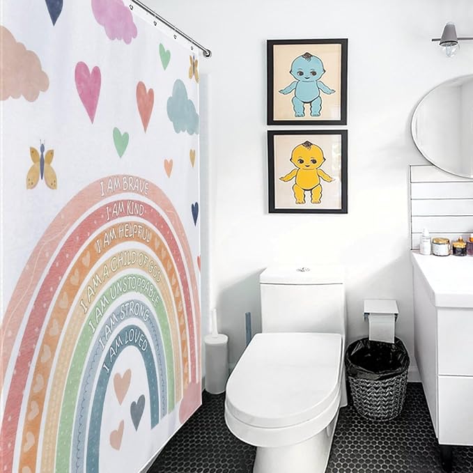 Pastel Rainbow Shower Curtain for Bathroom, Kids Girls Baby Boho Cute Inspirational Motivational Quotes Rainbow Colorful Waterproof Fabric Shower Curtain Set with Hooks, 72"x78" Inch