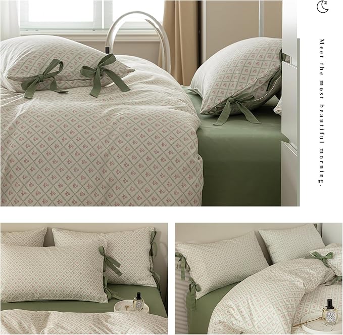Pink Floral Duvet Cover Twin Chic Plaid Grid Duvet Cover 100% Cotton Floral Cottagecore Bedding Set for Girls Women Vintage Country Bedding Blooming Flower Comforter Cover with 2 Bowknot Pillowcases