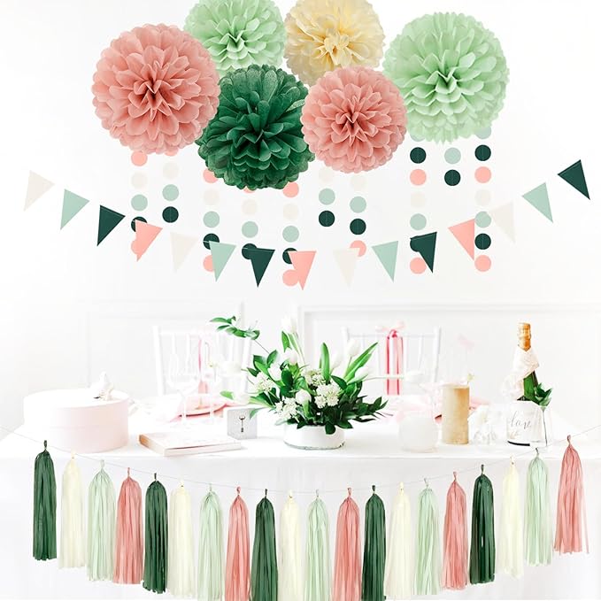 Sage-Olive Green Pink-Beige Boho Party Decorations -23pcs Rustic Neutral Wedding Paper Tissue Pom Poms Streamers,Tassel Garland Banner,Birthday Baby Bridal Shower Engagement Decor Lasting Surprise