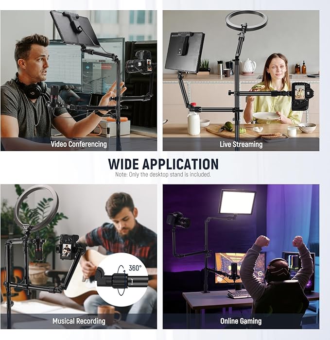 NEEWER Overhead Camera Desk Mount Rig Stand with 2 Boom Arms for Photography Devices: Video Light Ring Light Phone Mount Webcam Mic Compact DSLR for Home Office Studio Live Streaming Broadcast, ST008