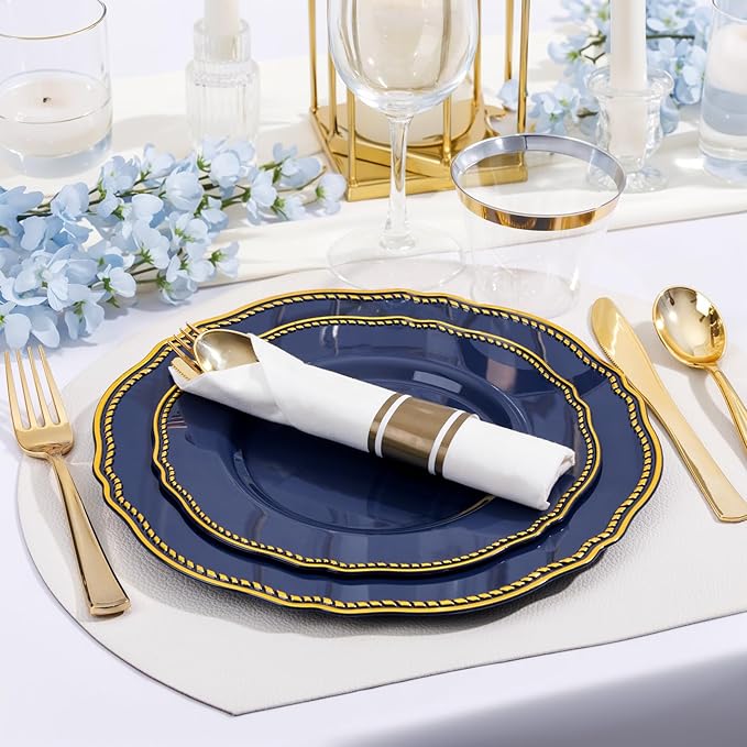 Hioasis 350pcs Blue and gold Plastic Plates - Blue Plastic Dinnerware Set Includes 50 Dinner Plates, 50 Dessert Dinnerware, 50 Cups, 50 Rolled Napkin Cutlery Perfect for Wedding & Christmas
