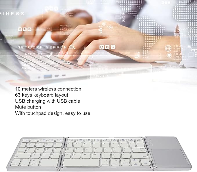 Wisoqu Foldable Keyboard with Touchpad, 3 Folding Wireless Keyboard 63 Keys 10m Connection USB Charging, for iOS for Laptop Tablet Smartphone (Silver White)