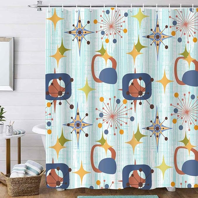 Mid Century Shower Curtain, 60x72inch, Modern Abstract Retro Blue Striped Geometric Shower Curtain Sets 1950s Boho Bathroom Shower Curtain with 10 Hooks