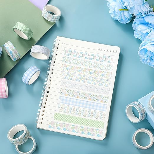 YooNotee 12 Rolls Watercolor Floral Washi Tape Set 15 mm Vintage Flower Decorative Masking Tape for Arts DIY Craft Scrapbook Envelope Party Supplies Gift Wrapping(Pink and Blue,Flowers)