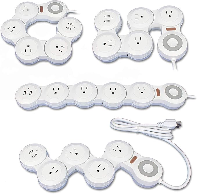 Deformation Power Cord Charger Socket -Flat Plug Power Strip with 2 USB Ports and 4 Multi Outlets, with 6.5FT Extension Cord