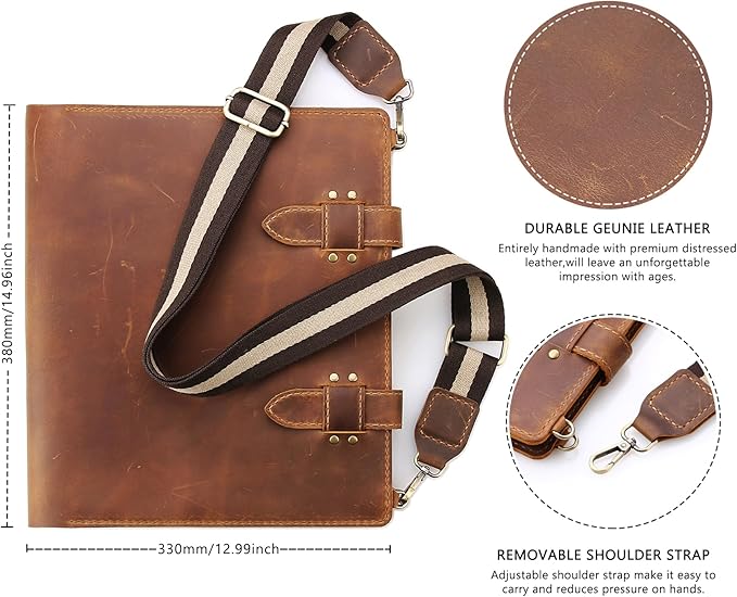 Robrasim Handmade Leather Sketchbook Cover, Artist Sketch Pad Holder for 11"X14" Sketchbook, Drawing Book and Pencil Case, Journal Notebook Portfolio with Shoulder Strap, Artist Gifts, Brown