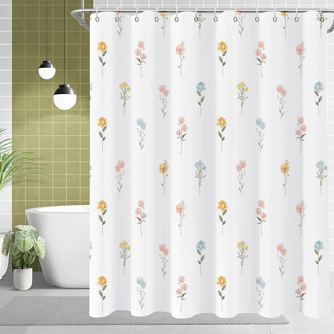 Floral Shower Curtain, Wildflower Botanical Plant Leaves Cute Flower Spring Herbs Elegant Waterproof Fabric Machine Washable for Bathroom Bathtub Decor with Hooks 72x72