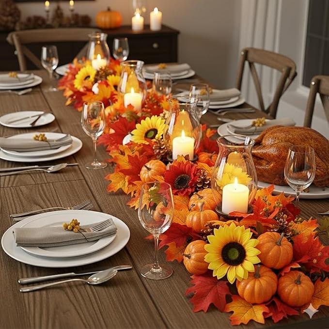 3 Pack Fall Garland for Mantle - 5.6Ft Artificial Maple Vine with Pumpkins & Sunflowers, Autumn Fall Decor for Fireplace Thanksgiving Halloween Wedding Farmhouse Indoor Outdoor Porch Decoration
