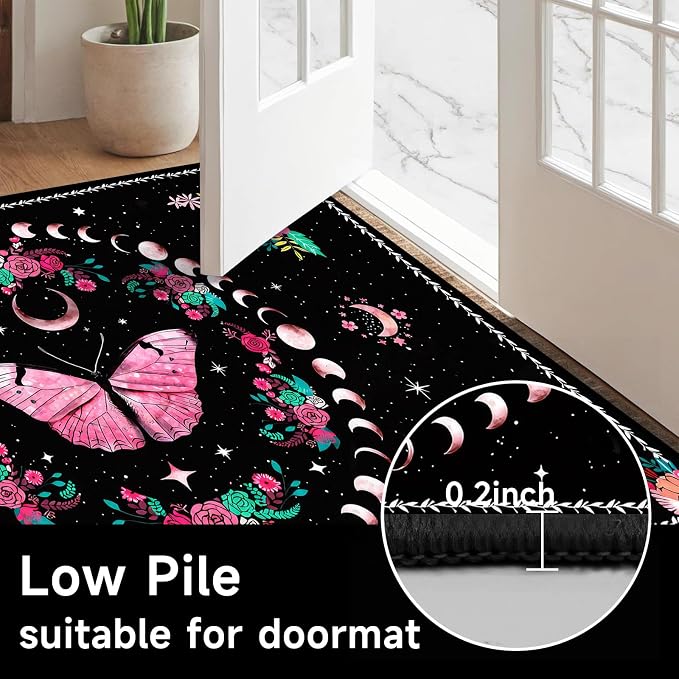 Pink Butterfly Area Rug 5'x7' Moon Phase Floral Rugs for Bedroom Living Room Kitchen Nursery Playroom Home Decor Boho Gothic Butterfly Carpet Non-Slip Washable Floor Mat
