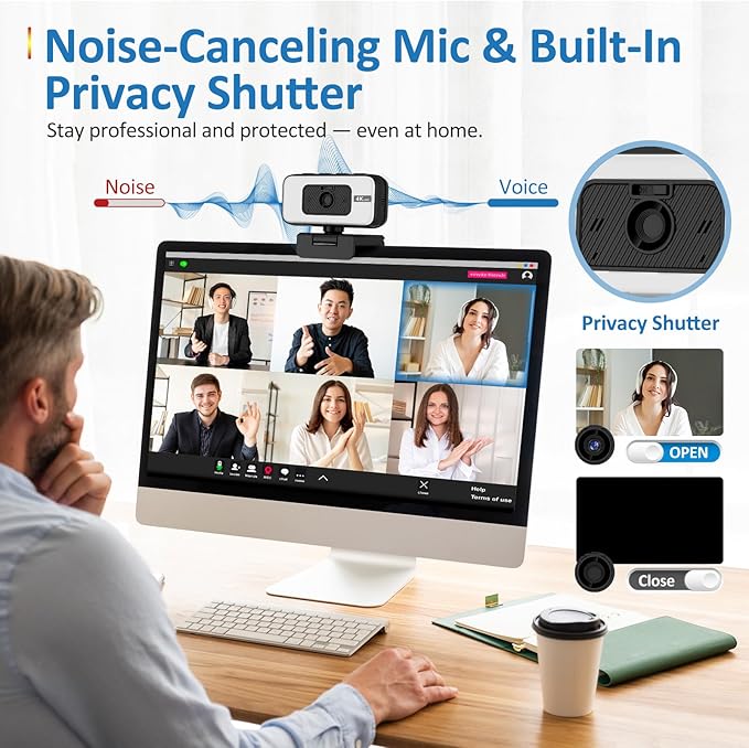 4K Webcam for PC & Laptop, Webcam for Mac –AI PDAF AutoFocus Streaming Camera for Computer, One-Touch Mute, Busy Now Do Not Disturb Light, Adjustable Fill Light, Privacy Cover for Remote Work