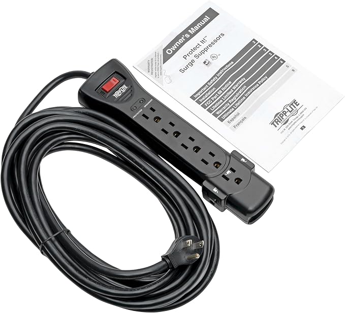 Eaton Tripp Lite Series SUPER725B 7 Outlet Flat Plug Long Extension Cord Power Strip Surge Protector, 25ft Extension Cord with Multiple Outlets, 2160 Joules, Black, Home Office Dorm Room Essentials