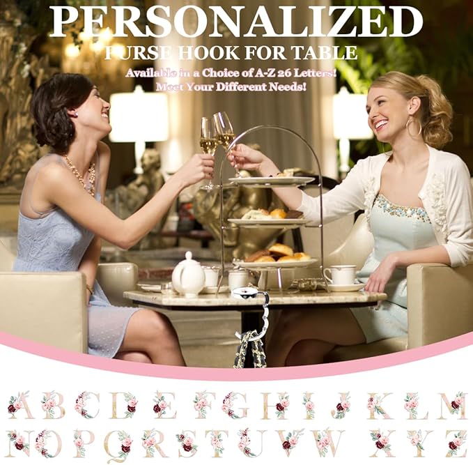 XSUIOY 3Pcs Personalized Initial Foldable Purse Hook for Table,Crushed Flower Letters Folding Purse Hanger,Purse Holder Handbag Hanger Collection Desk Table Bag Hooks Gifts for Women Bag(Pink-B)