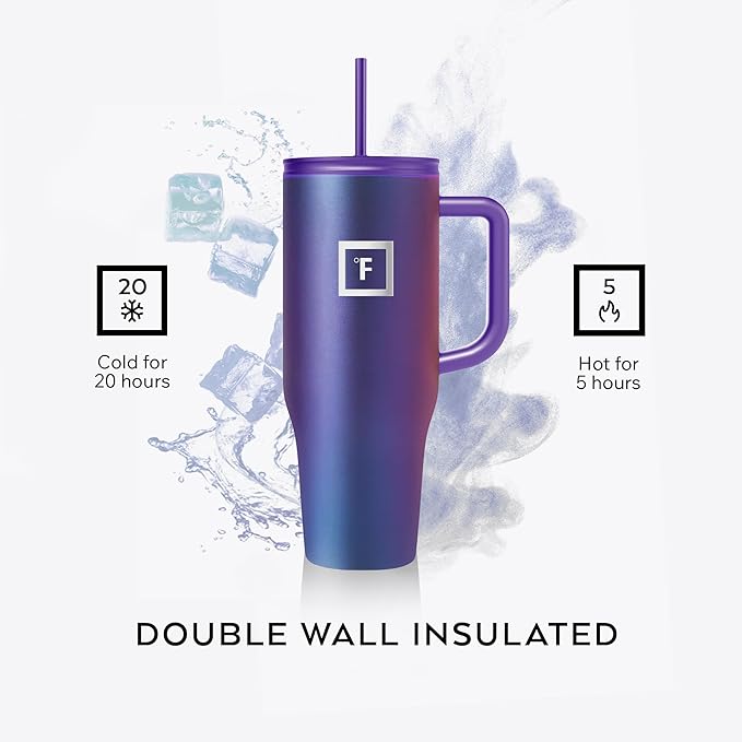 IRON °FLASK Co-Pilot Insulated Mug w/Straw & Flip Cap Lids - Cup Holder Bottle for Hot, Cold Drink - Leak-Proof - Water, Coffee Portable Travel Mug - Burgundy, 40 Oz