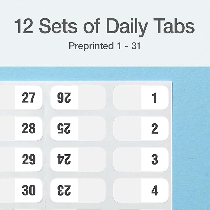 Redi-Tag Daily Adhesive Tabs, Preprinted Daily Tab, 12 Sets of 1-31 plus withBonus Blank Tabs, 7/17" x 1", Durable and Customizable Labels with Permanent Adhesive for Planners & Files, White (1006548)