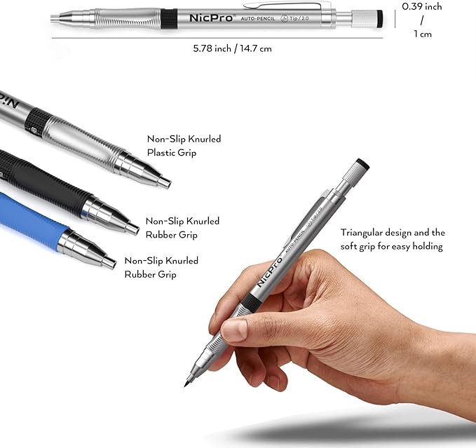 Nicpro 11 Pieces Colors 2mm Mechanical Pencil Set, 3 PCS Carpenter Drafting Pencil 2.0 mm for Art Drawing Writing Sketching Construction with 6 Tube Pre-Sharpen 2B & Color Refill, Eraser, Sharpener
