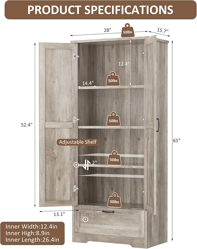 Vongrasig Kitchen Pantry Storage Cabinet with Barn Doors, Drawer and Adjustable Shelves, 4-Tier Tall Rustic Wood Cupboard Locker for Kitchen, Dining Room, Living Room, Bathroom, Rustic Grey