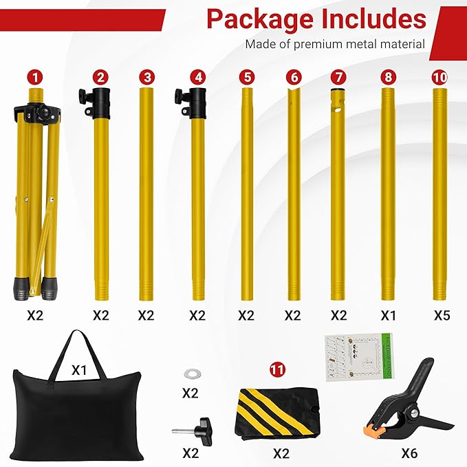 JSungo Backdrop Stand, Adjustable 10x7.5 FT Background Stand Backdrop for Parties, Photo Video Studio, Portable Photography Backdrop Stand with Carrying Bag, 6 Backdrop Clamps, and 2 Stand Bags, Gold