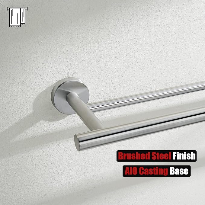 JQK Double Towel Bar 27 Inch, Brushed Steel Useable Length 24 Inch 304 Stainless Steel Thicken 0.8mm Bath Towel Rack for Bathroom, Towel Holder Wall Mount 2 Pack, TB100L24-BN-P2