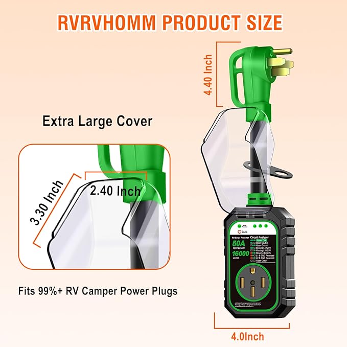 RV Surge Protector 50 Amp Flag Design - Upgraded 16000J Power Surges Voltage Protection Circuit Analyzer IP68 Waterproof Cover for 50A RVS Camper Trailer Must Haves (50Amp, Green)