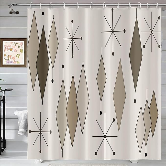 Boho Light Grey Brown Shower Curtain Abstract Mid Century Diamond Geometric Atomic Starburst Pattern Beige for 1950s Retro Bathroom Decor Shower Curtain Set with 12 Hooks, 48x72 Inches