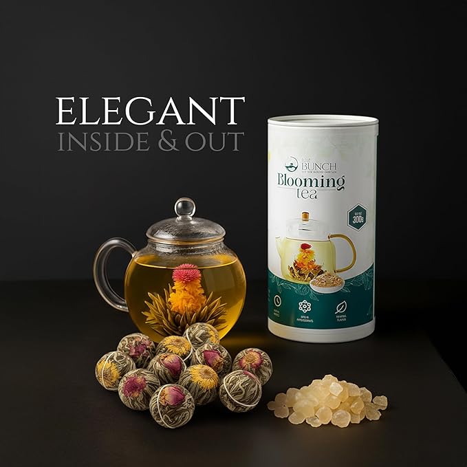 Tea Bunch Blooming Flower Tea Set – 12x2 Hand-Tied Organic Green Tea Balls with 24 Packs of Rock Sugar, Gift-Ready Packaging, Calming Floral Tea for Wellness & Relaxation (Glass Teapot Not Included)