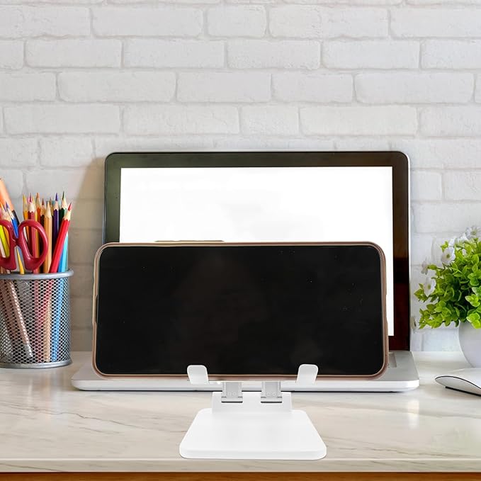 MERRYHAPY Foldable Tablet Stand Adjustable Aluminum Alloy Tablet Holder for Desk Use, Compact Desktop Bracket Compatible with Ipad and Smartphones, Pearl White