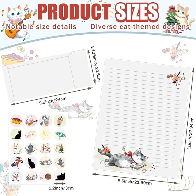 EggSun 250Pcs Cute Stationery Paper and Envelope Set with 100 Letterhead Papers and 50 Envelopes, 10 Design for Letter Writing Invitations Computer Holidays Party Notes, 8.5x11 Inch- Lined Cat