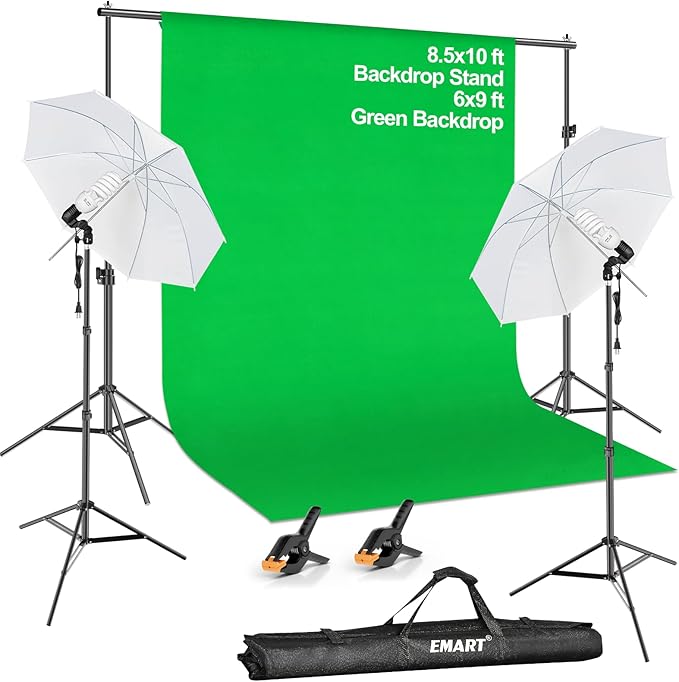 EMART 8.5X10 FT Green Screen Backdrop Kit, Photography Umbrella with 5500K Bulbs, 6X9 FT Green Backdrop with Spring Clamps, Professional Photography Lighting kit for Studio, Portrait, Video Shooting