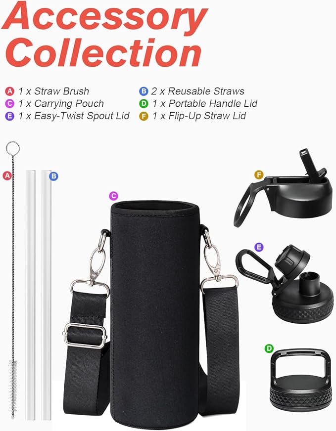 Coolflask Water Bottle 24 oz Insulated with Straw, Stainless Steel Metal 3 Lids Water Flask Wide Mouth for Sports or Office, Non-BPA Keep Cold Up to 48 Hrs or Hot Up to 24 Hrs, White