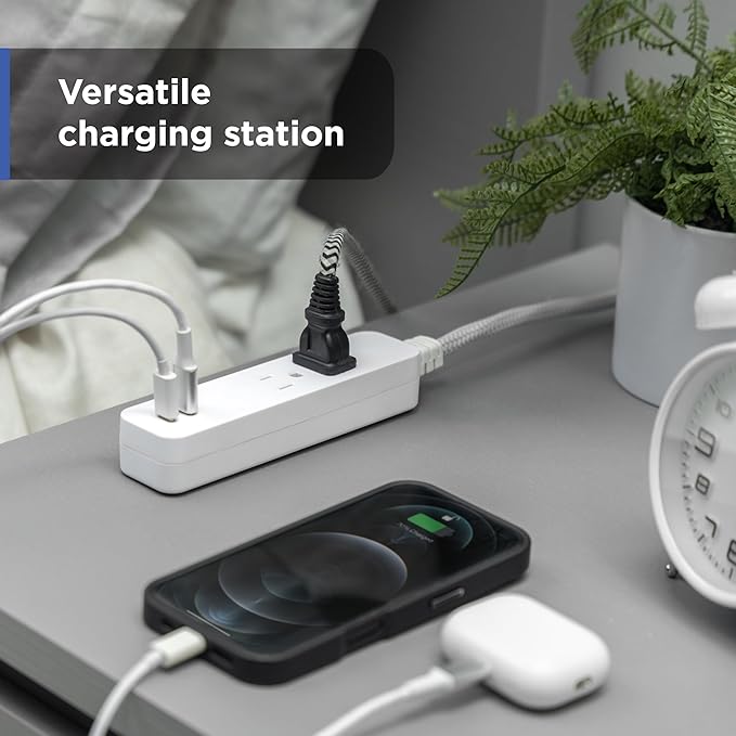 GE 2 USB C Extension Cord Power Strip, 2 Outlets, 4 Ft Braided Cord, Flat Plug, 245 Joules, 12W Charging Power, 16AWG, White, 87434