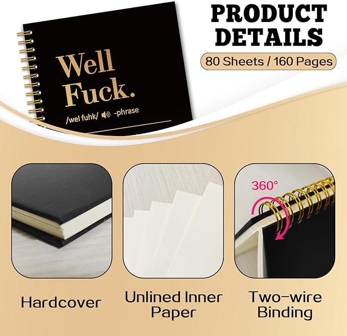 YAZMEEN Well Fxxk Black Gold Spiral Notebook（160 Pages） Well Fxxk Definition Blank Hardcover Notebook Office Gag Gift Journal Funny Sarcastic Saying Gift for Employee Coworker Boss Leader Office Work