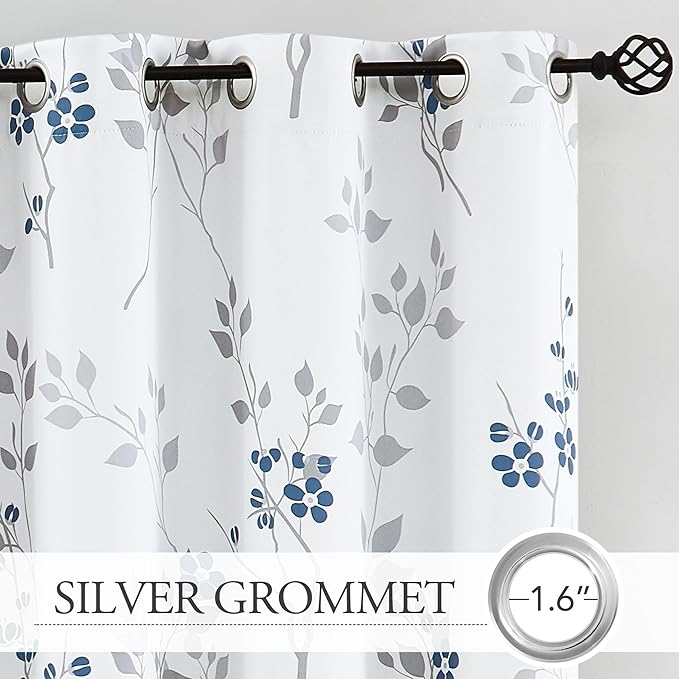 Beauoop Floral 100% Blackout Curtains 84 Inches Long 2 Panels for Bedroom Living Room Blue Grey and White Flower Patterned Room Darkening Thermal Soundproof Grommet Window Treatments Drapes, 52X84