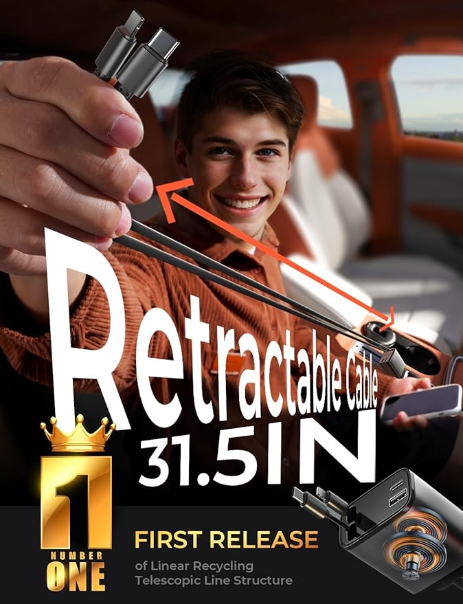 LISEN Retractable Car Charger 4 in 1 for Cars, 69W Retractable USB C Car Charger with 31.5in Cable, Fast Charging for iPhone 17 16 15 14 13 12 Pro Max Plus, Compact Cars Accessories for Daily Driving