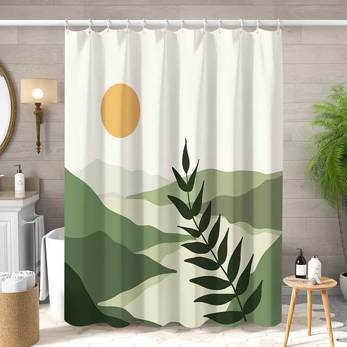 Boho Mid Century Shower Curtain Modern Abstract Sun Tropical Leaves Bathroom Curtain Set Neutral Minimalist Plant Waterproof Fabric Bath Decor with Hooks 72x84 inch