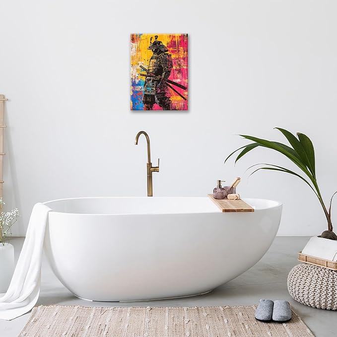 Japanese Wall Art, Graffiti Samurai Pictures Wall Decor, Banksy Samurai Canvas Prints, Japan Painting, Framed Artwork for Bathroom Living Room Bedroom Office Dining Room 16"X12"