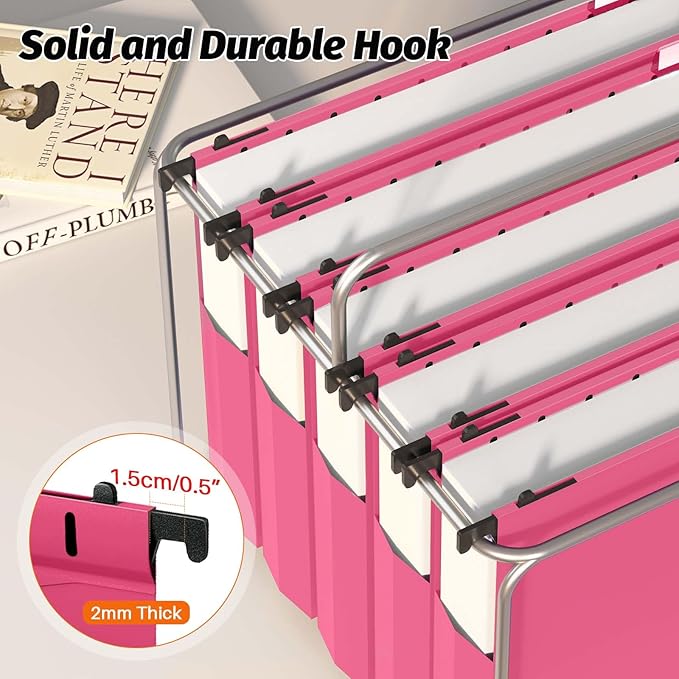 Extra Capacity Plastic Hanging File Folders,12 Pack Reinforced Expanding Hang Folder Letter Size,Accordian Pocket,Heavy Duty 2 Inch Expansion, Hard Hanging Folder Organizer for Office Home,Pink