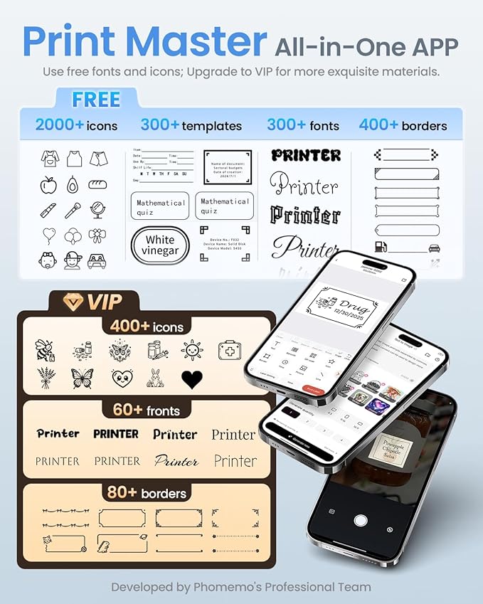 Phomemo M110 Label Makers - Barcode Label Printer Bluetooth Label Maker Portable Thermal Printer for Small Business, Address, Barcode, Logo, Clothing, Mailing, Sticker Printers for Phone & PC, Black