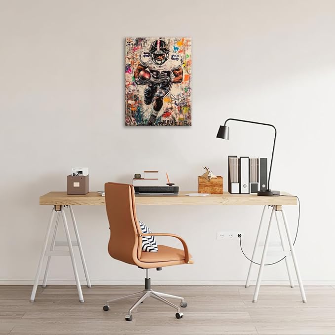 Graffiti Football Wall Art, Banksy American Football Pictures Wall Decor, Rugby Sports Canvas Prints Painting, Sport Poster Framed Artwork for Boys Room Bedroom Bathroom Living Room Office 24"X16"