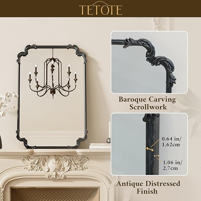 TETOTE Vintage Antique Black Rectangle Mirror for Mantle Fireplace 48 x 32 Traditional Baroque Ornate Scroll Wall Mirror with Metal Frame for Living Room Bedroom, Horizontal/Vertical