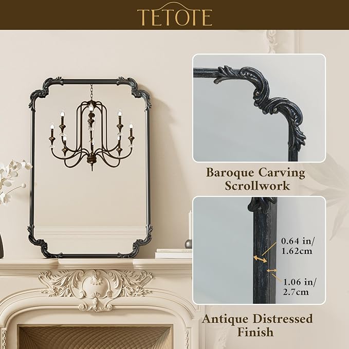TETOTE Vintage Baroque Black Rectangle Mirror for Wall 22 x 30 Antique Scroll Frame French Mantle Mirror for Fireplace Bathroom Living Room Bedroom Decor, Horizontal/Vertical