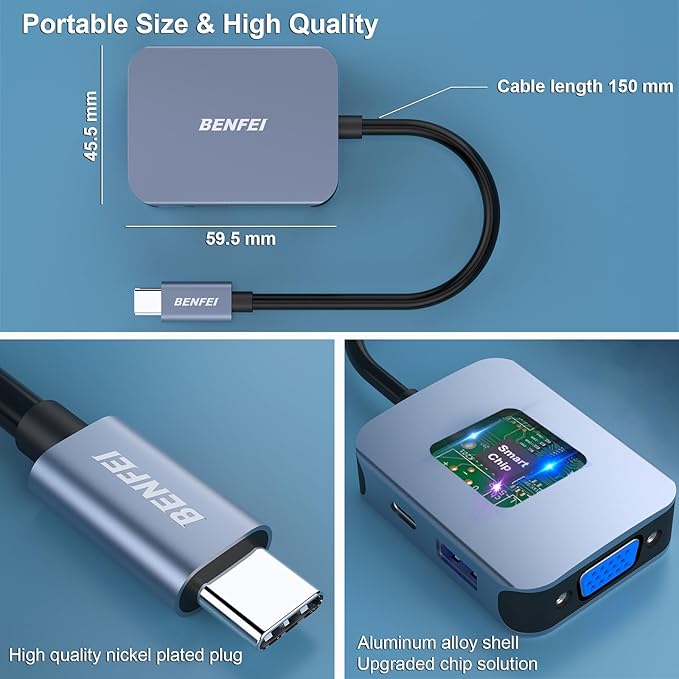 BENFEI USB C HUB 4-in-1, USB Type-C to HDMI VGA Adapter, USB C to USB Adapter, USB Type-C Power Delivery, Compatible with iPhone 15 Pro/Max, MacBook Pro/Air 2023, iPad Pro, iMac, S23, XPS 17