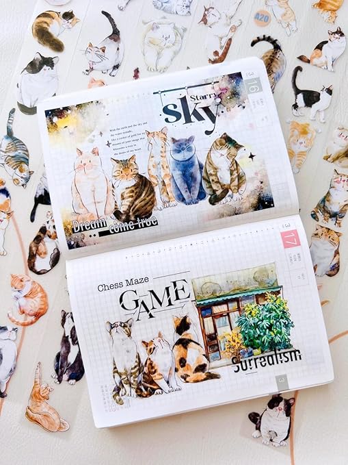 RICHTAPES Seahorse Forest Vol3-A20 Meow,Original Design Cute Cat Vintage Matte PET Washi Tape Stickers,for Scrapbook Supplies,Scrapbook Tape,Junk Journal Stickers,Bullet Journal Supplies