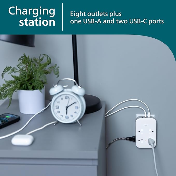 Philips All-in-One Surge Tap with USB, 4 Grounded & 4 Polarized Outlets, 2 USB-C & 1 USB-A Ports, 15W Shared, 1140 Joules, ETL Certified, White/Gray, SPP3155GW/37