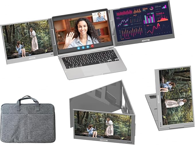 Arvitek 15.6 Inch Triple Monitor for Laptop, 1080P USB-C Portable Screen Extender w/Adjustable Stand for 11"-16" Laptop(Mac, Windows, Android)