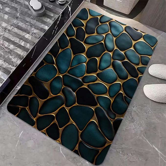 Diatomaceous Earth Bath Mat,Blue and Gold Stones Non-Slip Volume Super Absorbent Fast Drying for Bathroom Kitchen mat,Eco-Friendly Easy to Clean 17×27.5Inch (43 * 70cm)