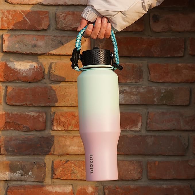 BJPKPK Insulated Water Bottles with Straw Lid, 35oz Metal Water Bottle with 2 lids & Paracord Strap, Double Wall Stainless Steel Vacuum Tumblers, Cups, Mugs, Thermo for Hot& Cold Drinks, Marshmallow