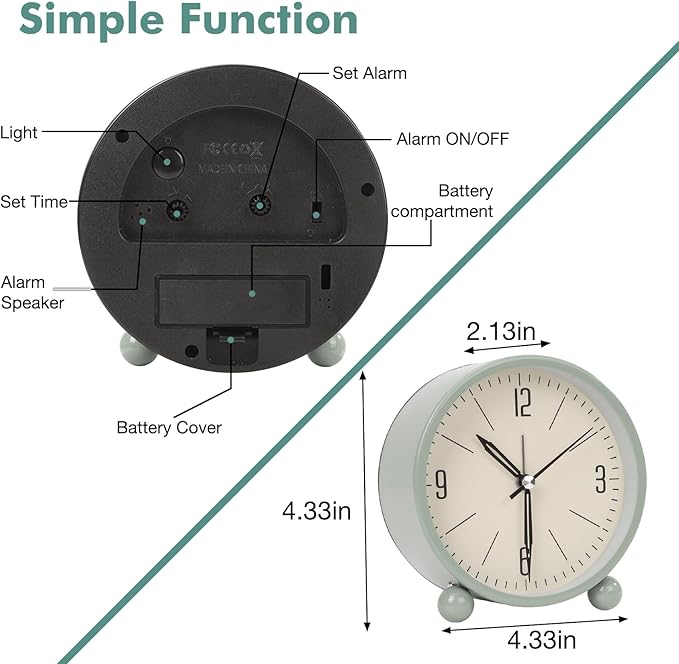 Blusaryme Analog Alarm Clock - 4 Inch Super Silent Non-Ticking, Battery Operated Small Clock with Night Light, Elegant Bedside Desk Clock for Bedroom, Living Room, Office, Student Gift