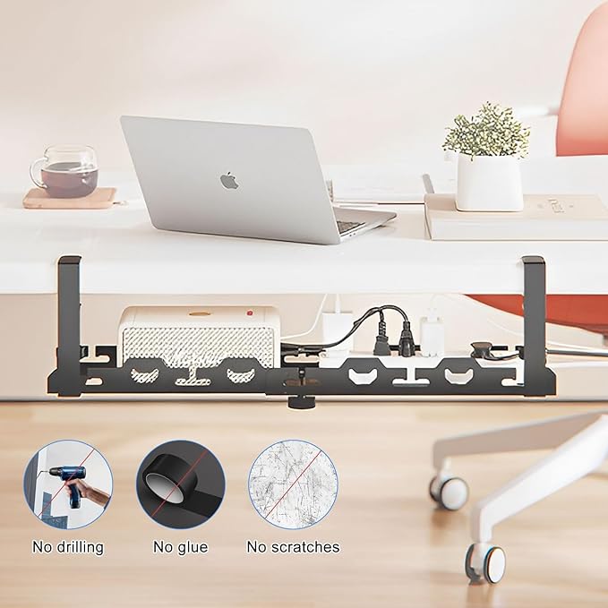 Cable Management Under Desk Tray 15.7-29 inch Under Desk Cable Management Black Extendable Under Desks Cable Managements No Drill Under Desks for Wire Managements